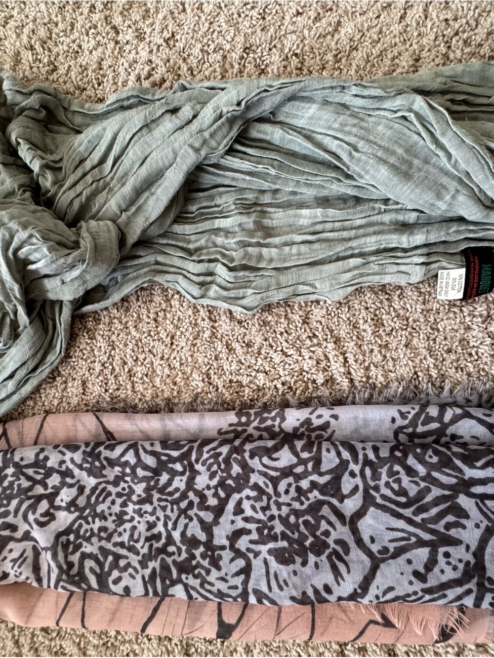 Nordstrom Light Sage Green Crinkled Scarf and Patterned Grey-Pink Wrap Set